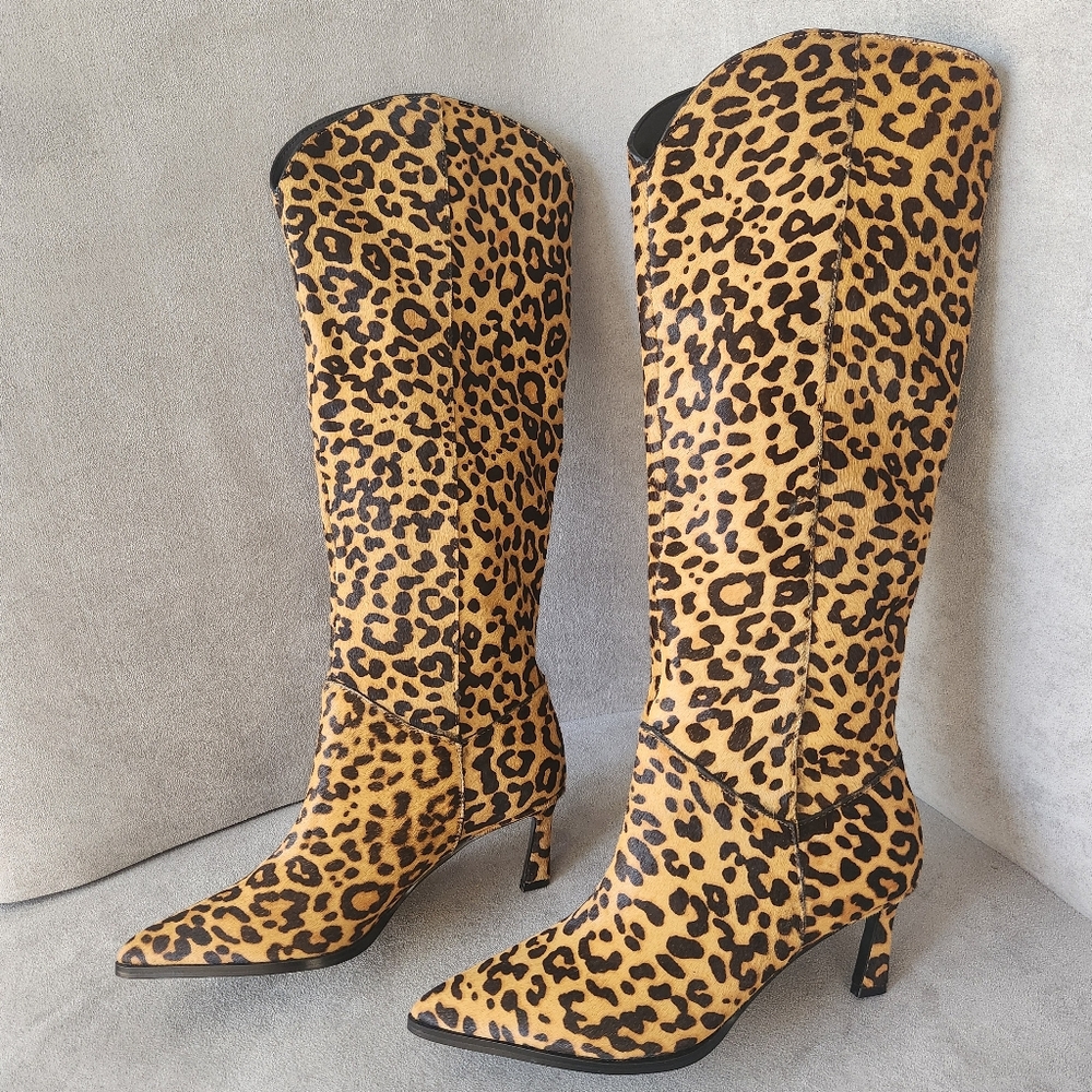Steve Madden Heeled Boots 7 Brown Calfhair Leyna Leopard Knee High New $200